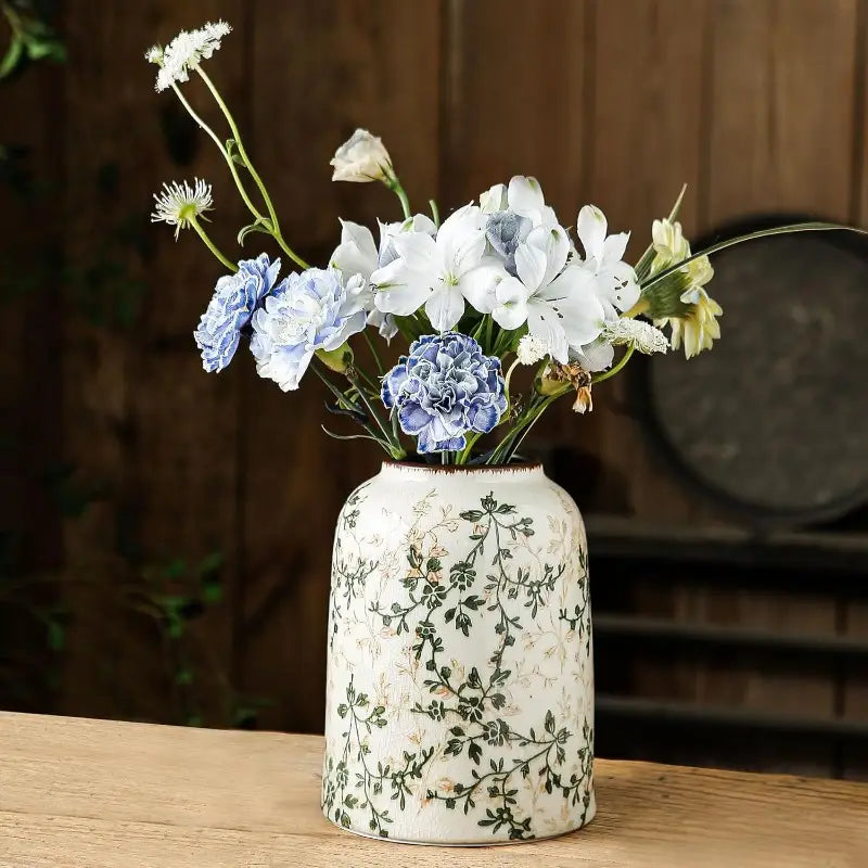 Vintage Chinoiserie Floral Vase - Large 7.8 Inch Retro Ice Cracked Ceramic Vase with Green