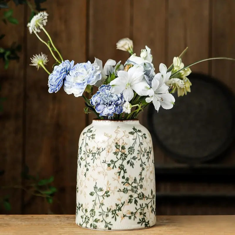 Vintage Chinoiserie Floral Vase - Large 7.8 Inch Retro Ice Cracked Ceramic Vase with Green